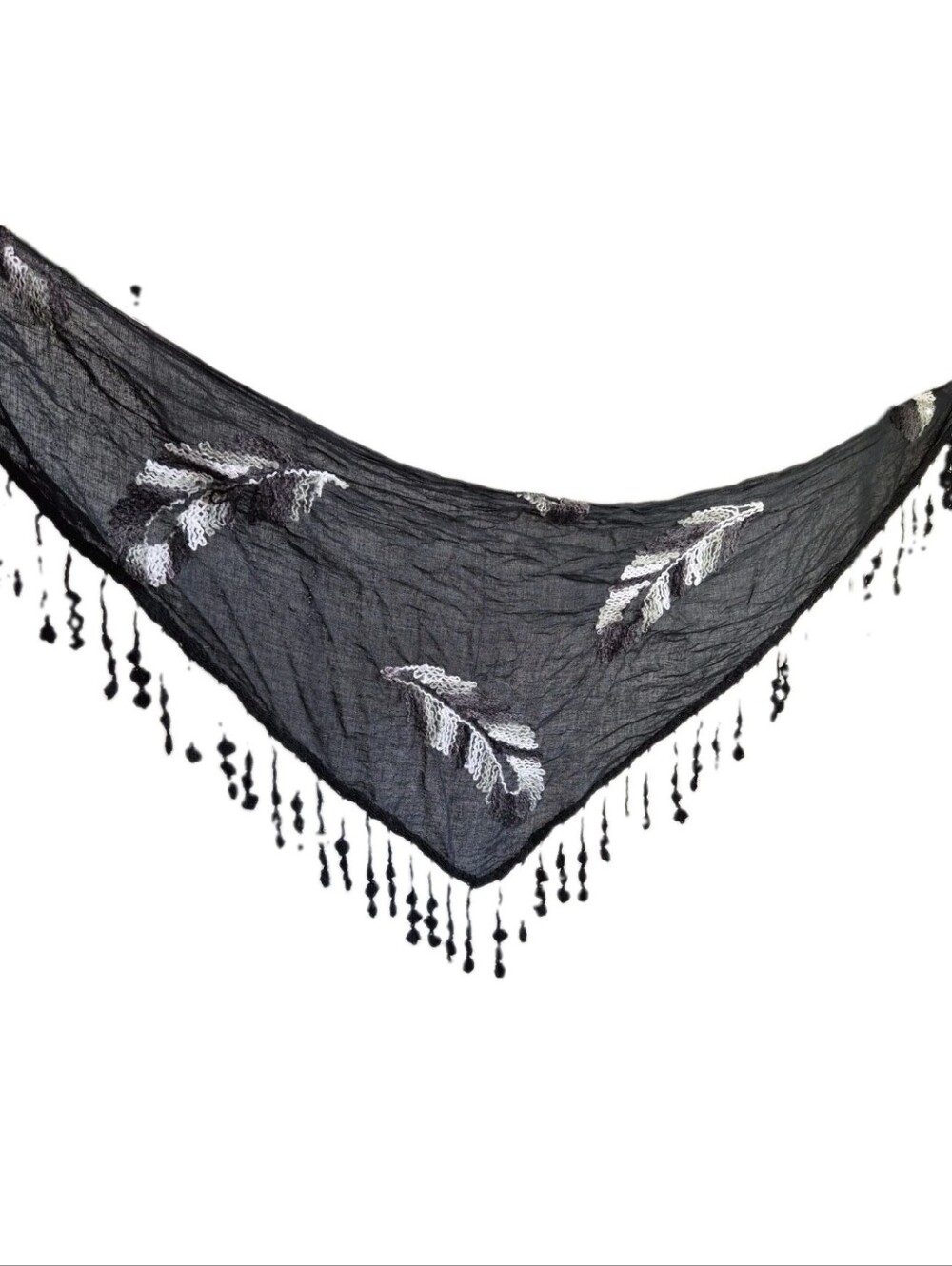 Vintage 90'sMudd Coverup Embroid Deadstck Leaf Motif PomPom Tassel Fringe 57" L